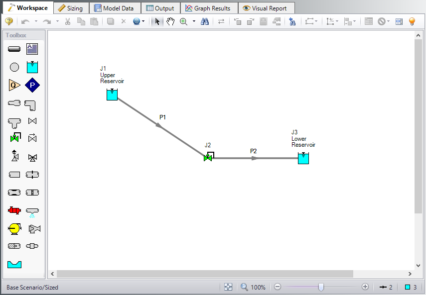 The Workspace with 2 reservoirs, a control valve, and 2 pipes.